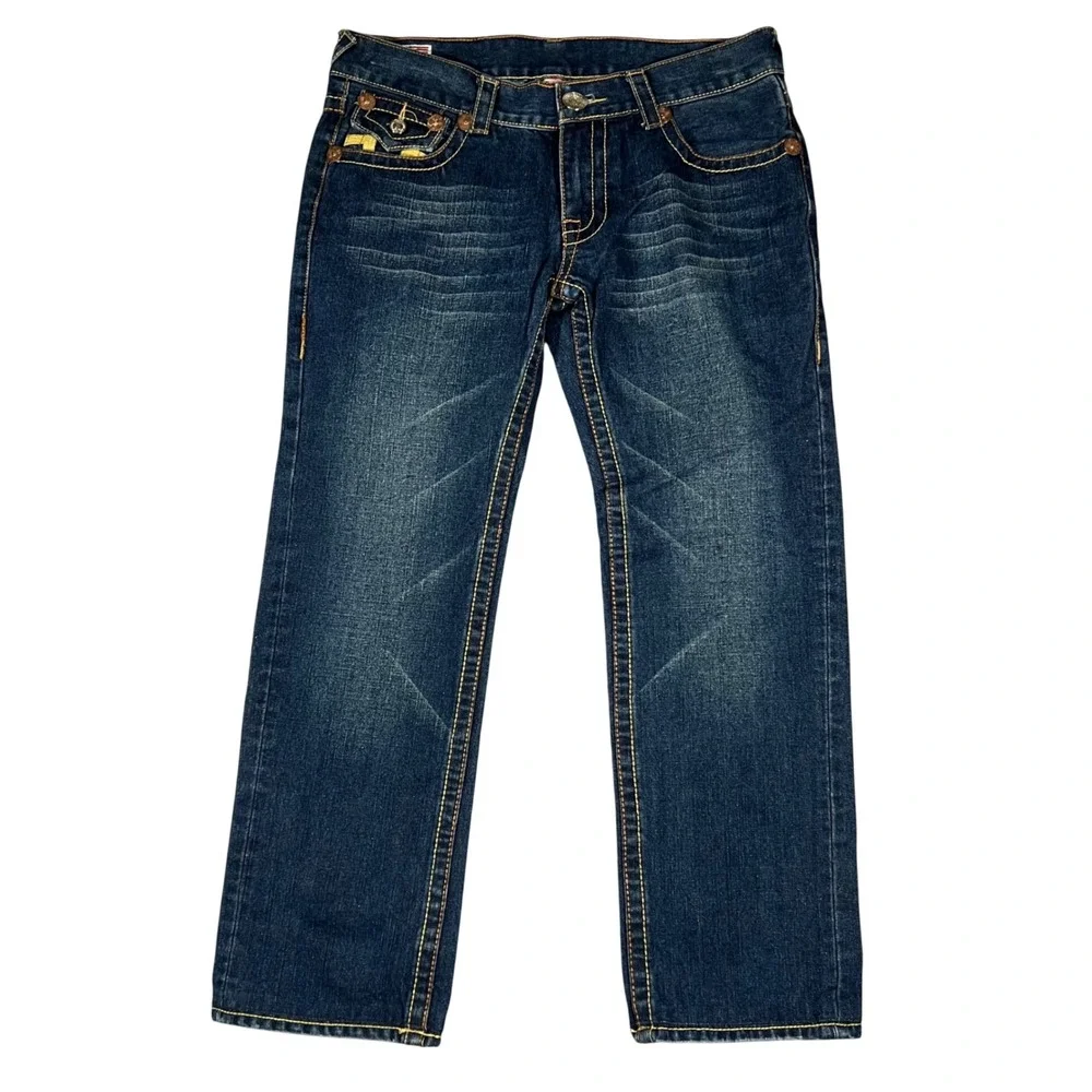 True Religion Billy Super T Dark Wash Straight Leg Jeans Men 34x33 Yellow Stitch